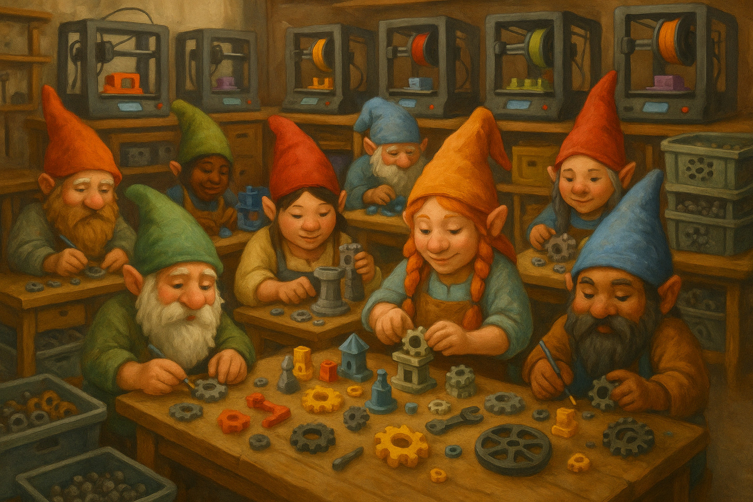 Gnome workshop creating 3D-printed oddities